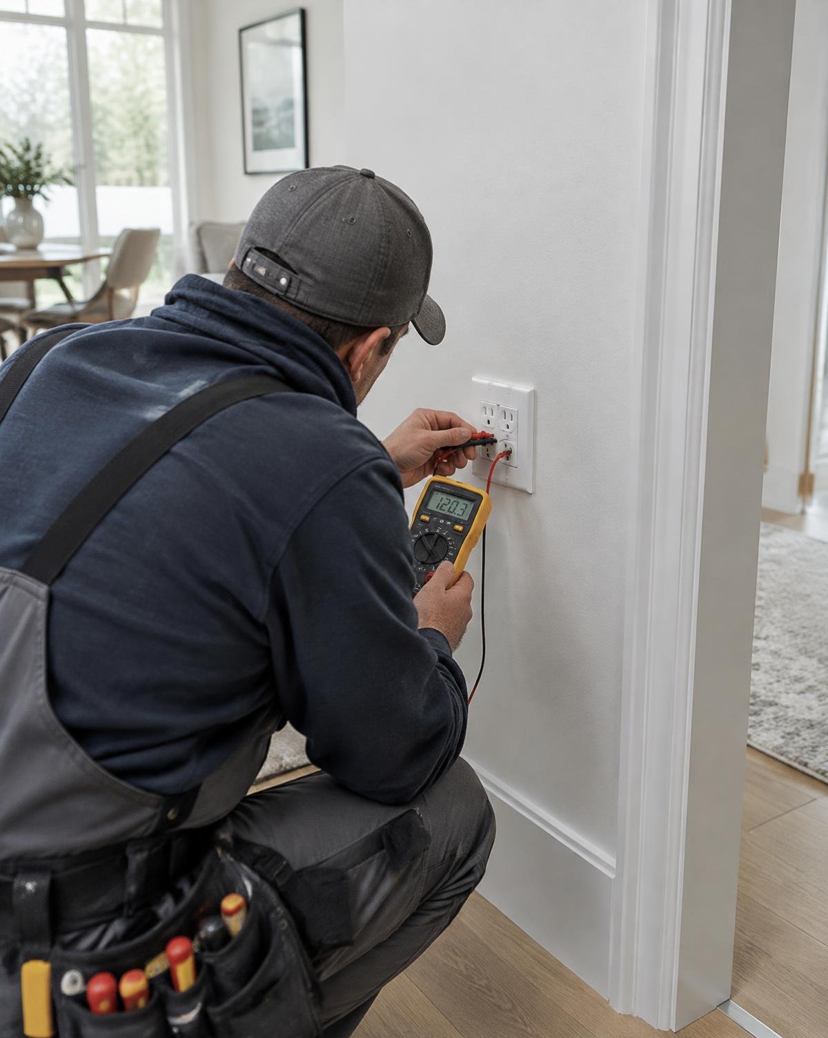 Electrician testing an outlet with a multimeter