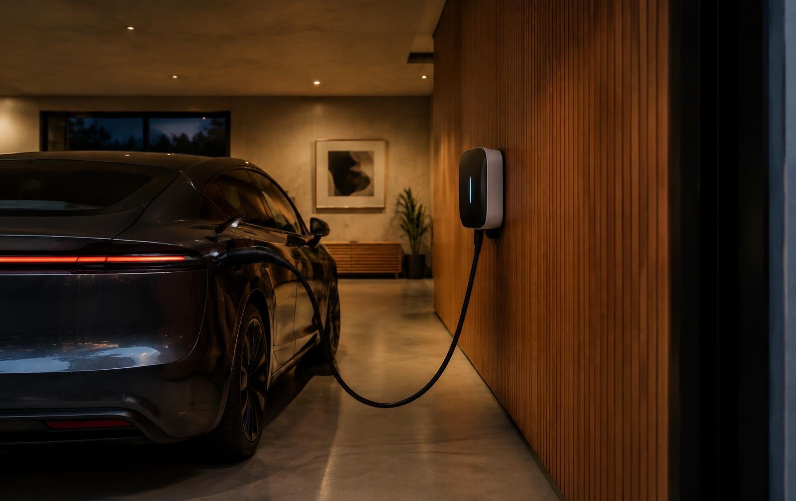 EV charging from a wall-mounted charger in a modern garage
