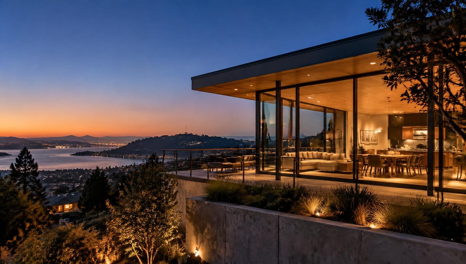Modern East Bay home illuminated at dusk